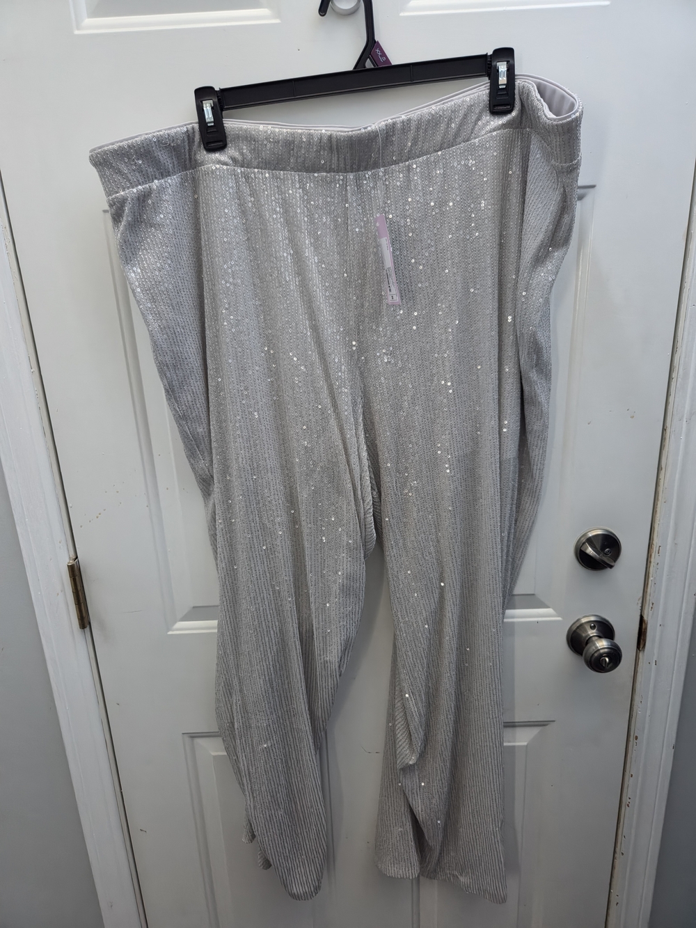 Silver Sequin Ribbed Wide-Leg Pants